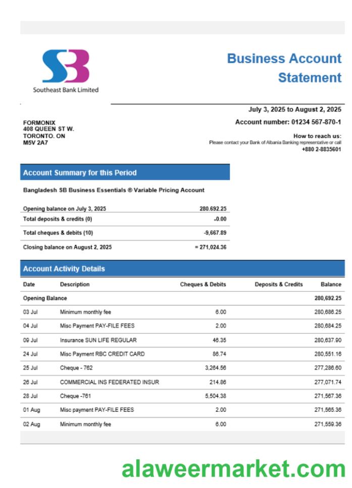 SB Bank business account statement Word and PDF template